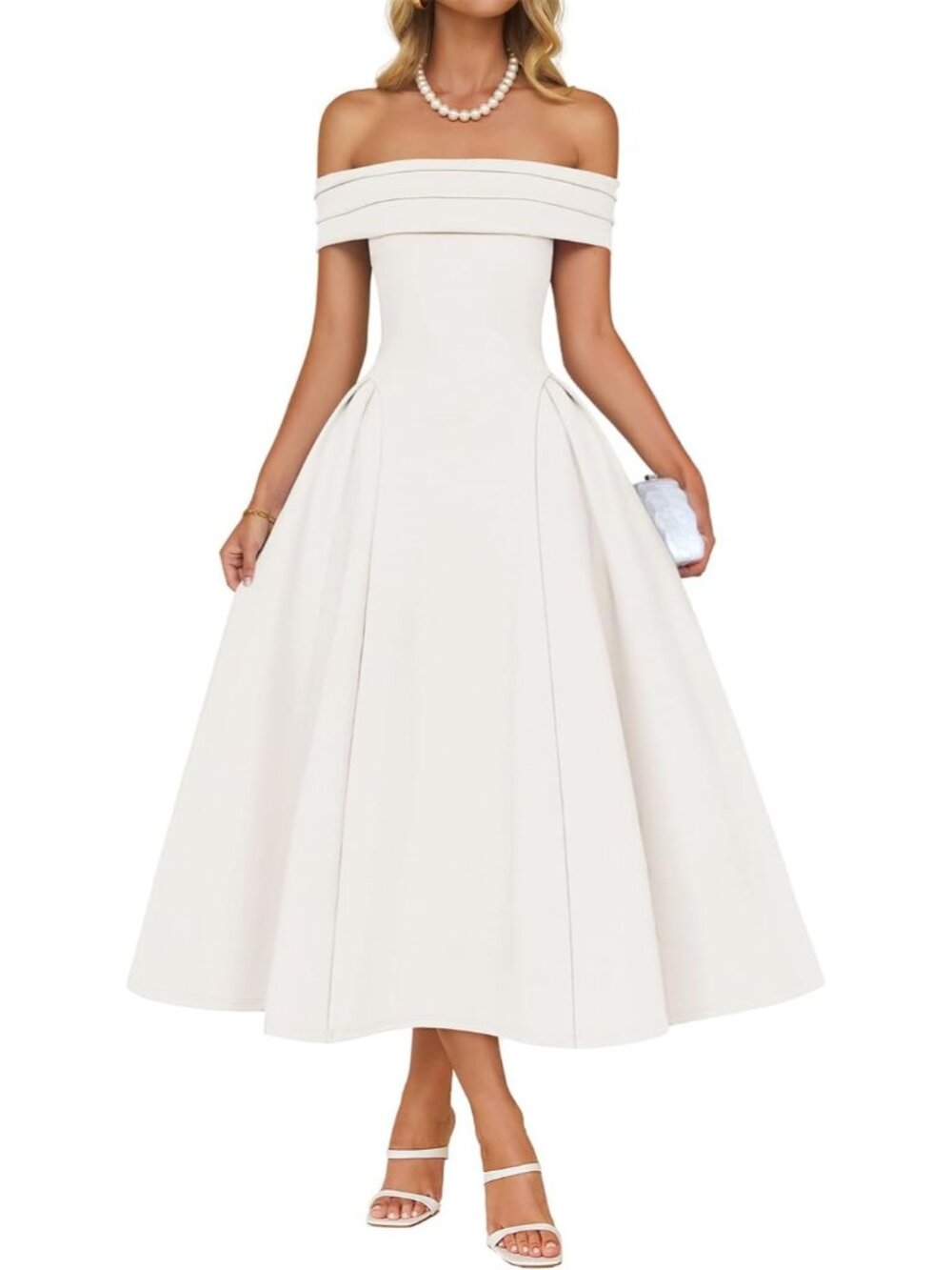 Women's White Summer 2026 Flowy A Line Semi Formal Off Shoulder Cocktail Dresses
